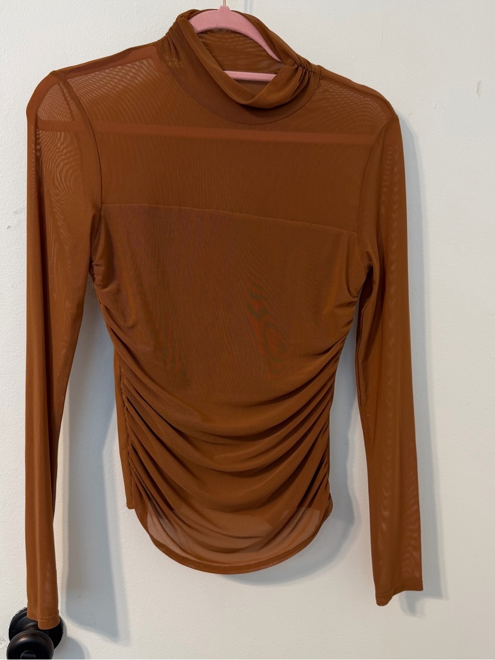 Women’s Long Sleeve Ruched Mesh Top - Brown Size Medium ReoRia